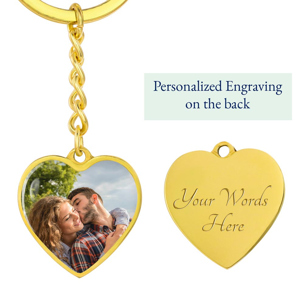 Custom photo heart keychain for Girlfriend, gold tone heart with photo front and engraving on the back