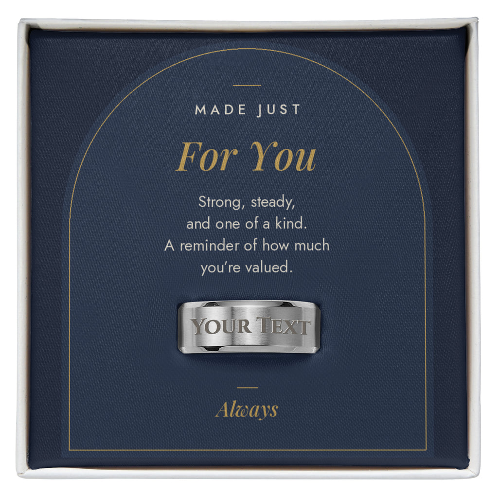 Men's custom engraved ring, polished stainless steel in Made Just For You message card box