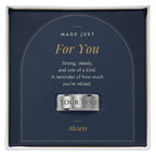 Men's custom engraved ring, polished stainless steel in Made Just For You message card box