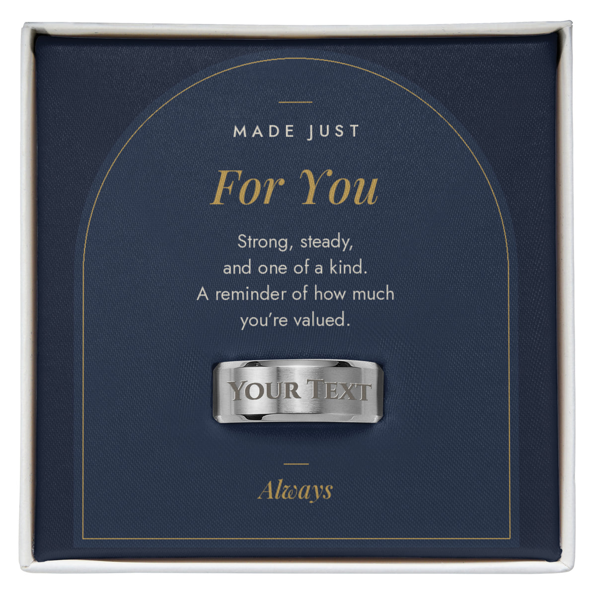 Men's custom engraved ring, polished stainless steel in Made Just For You message card box