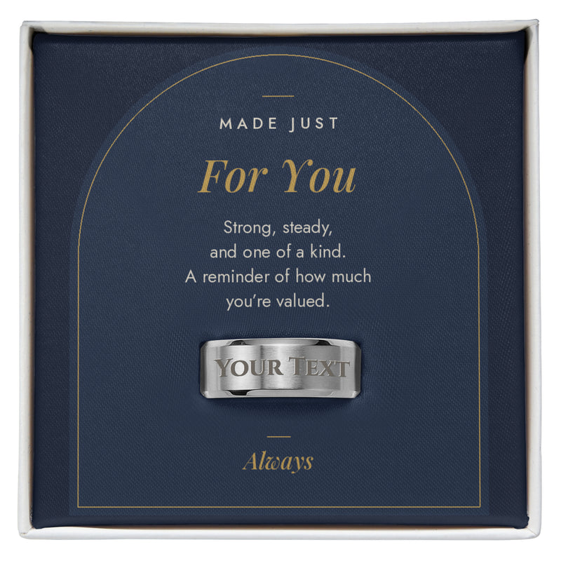 Men's custom engraved ring, polished stainless steel in Made Just For You message card box