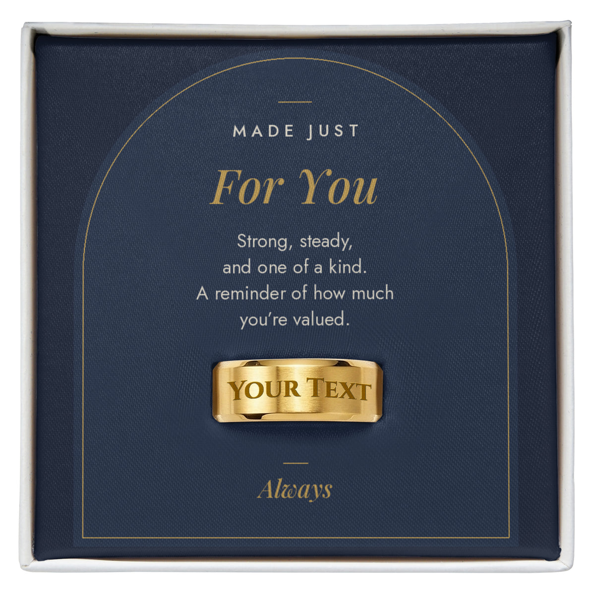 Men's custom engraved ring, 18K yellow gold finish in Made Just For You message card box