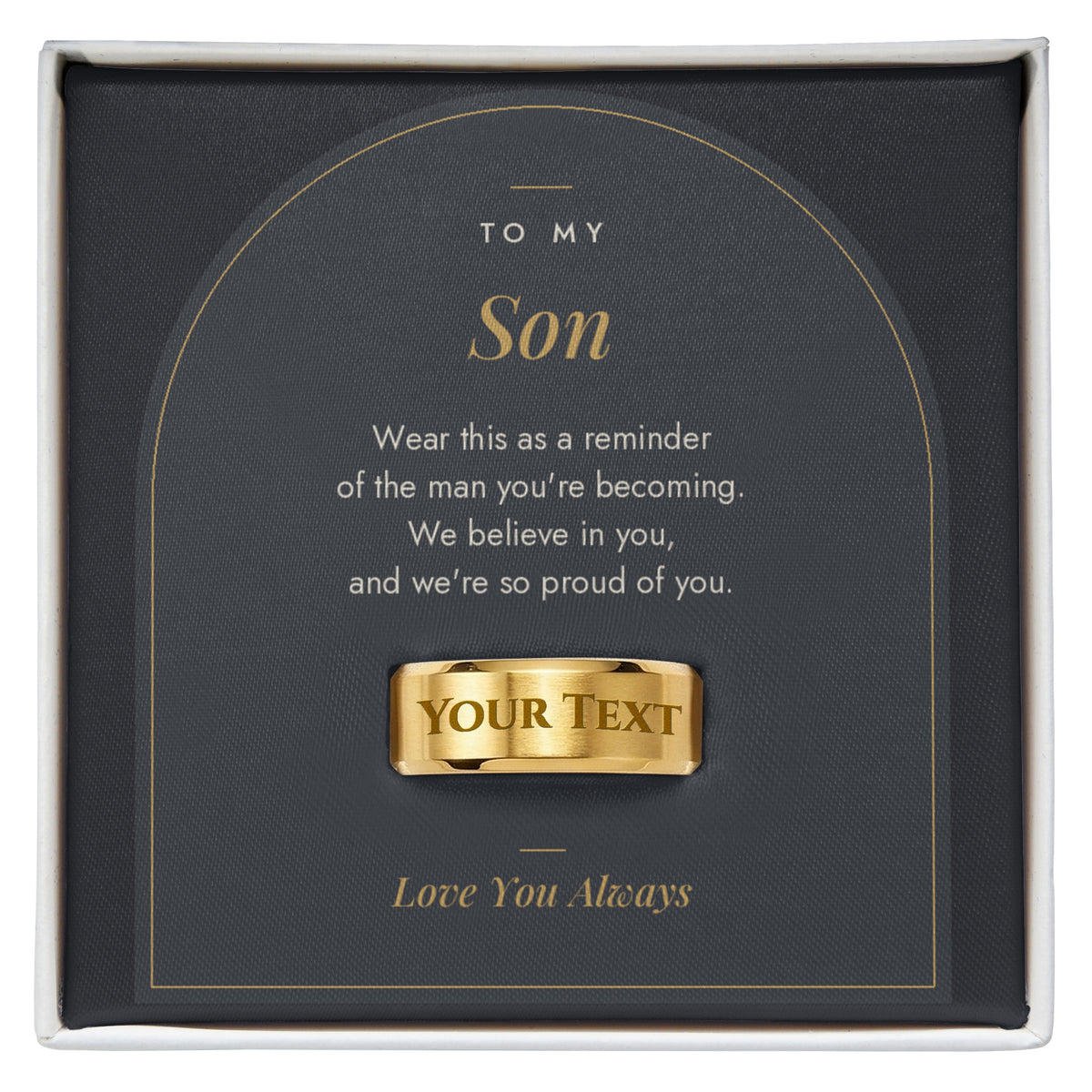 Men's engraved ring for Son, 18K yellow gold finish in To My Son message card box
