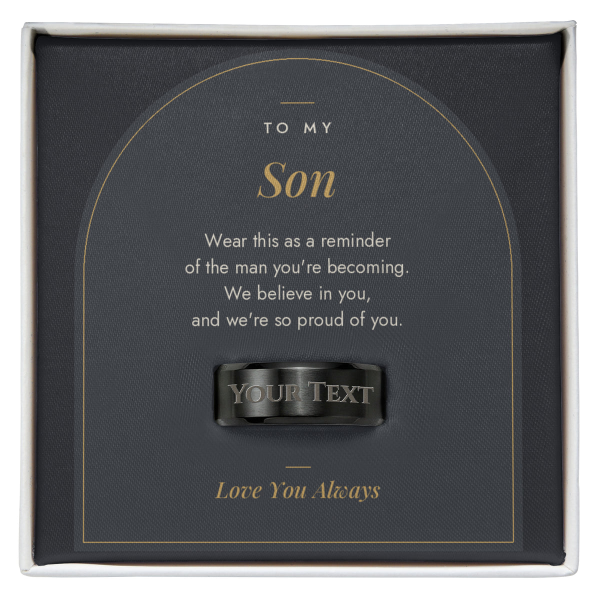 Men's engraved ring for Son, black plated in To My Son message card box