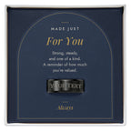 Men's custom engraved ring, black plated in Made Just For You message card box