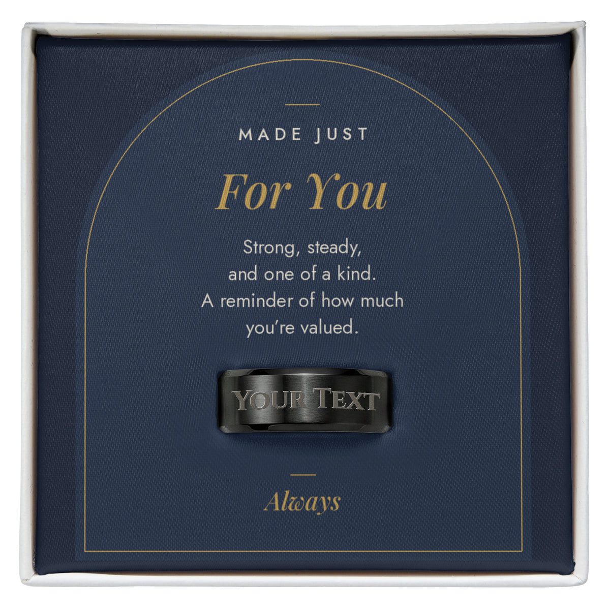 Men's custom engraved ring, black plated in Made Just For You message card box