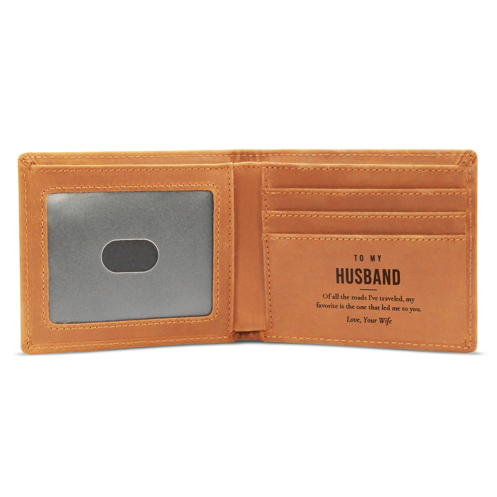 Open brown engraved leather wallet with To My Husband message
