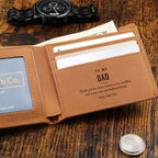 Open brown engraved leather wallet with To My Dad message with cards and coin