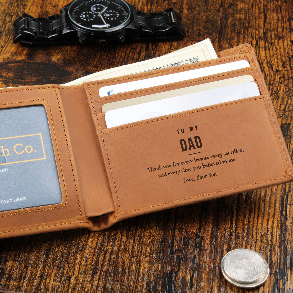 Open brown engraved leather wallet with To My Dad message with cards and coin