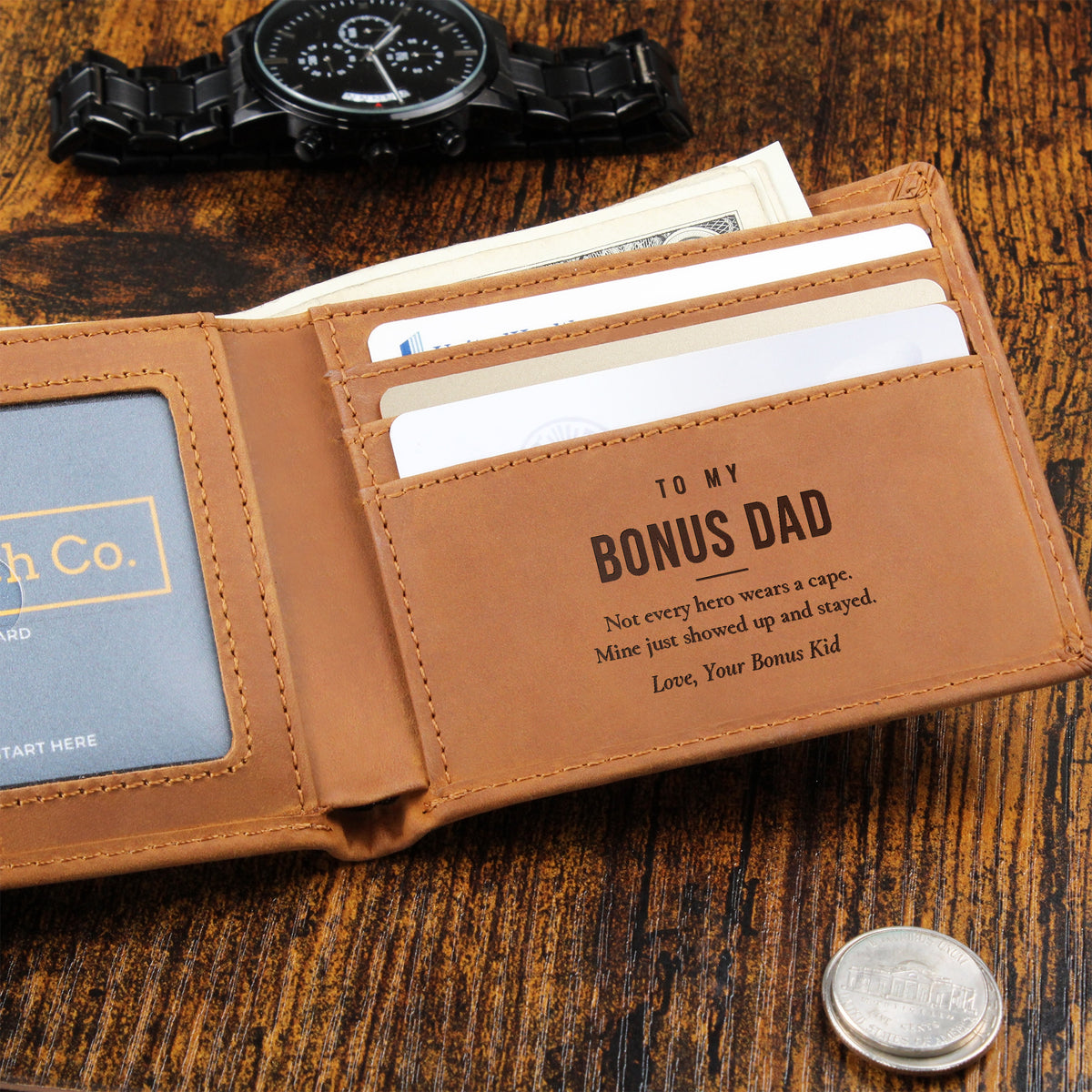 Open brown engraved leather wallet with To My Bonus Dad message with cards and coin