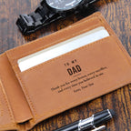 Close-up of brown engraved leather wallet with To My Dad message beside a watch