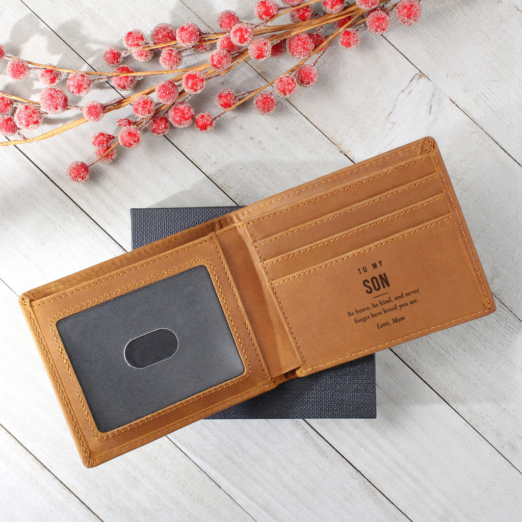 Brown engraved leather wallet with To My Son message on gift box with red berries