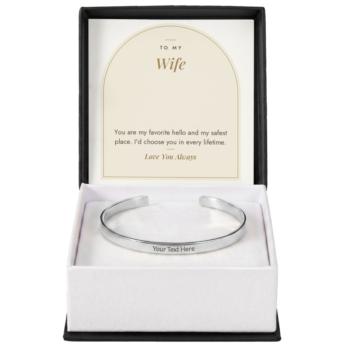 Polished stainless steel engraved cuff bracelet for wife with To My Wife message card in standard gift box