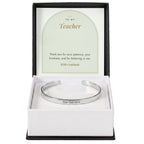 Polished stainless steel teacher engraved cuff bracelet with To My Teacher message card in standard gift box