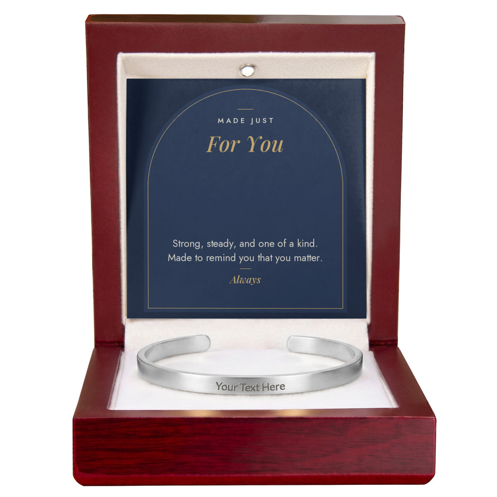 Stainless steel men's custom engraved cuff bracelet with Made Just For You message card in mahogany LED luxury box