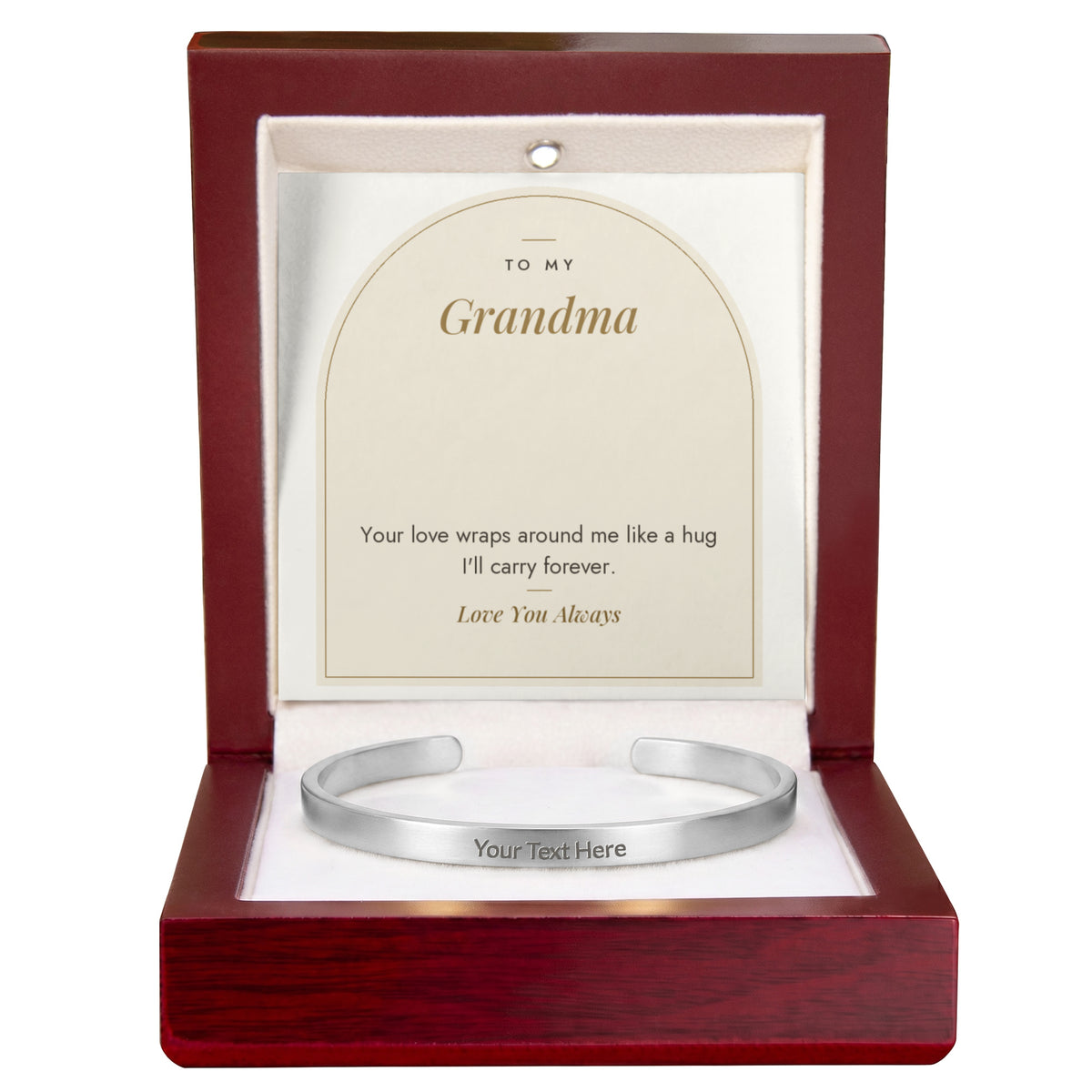 Stainless steel engraved cuff bracelet for grandma with To My Grandma message card in mahogany LED luxury box