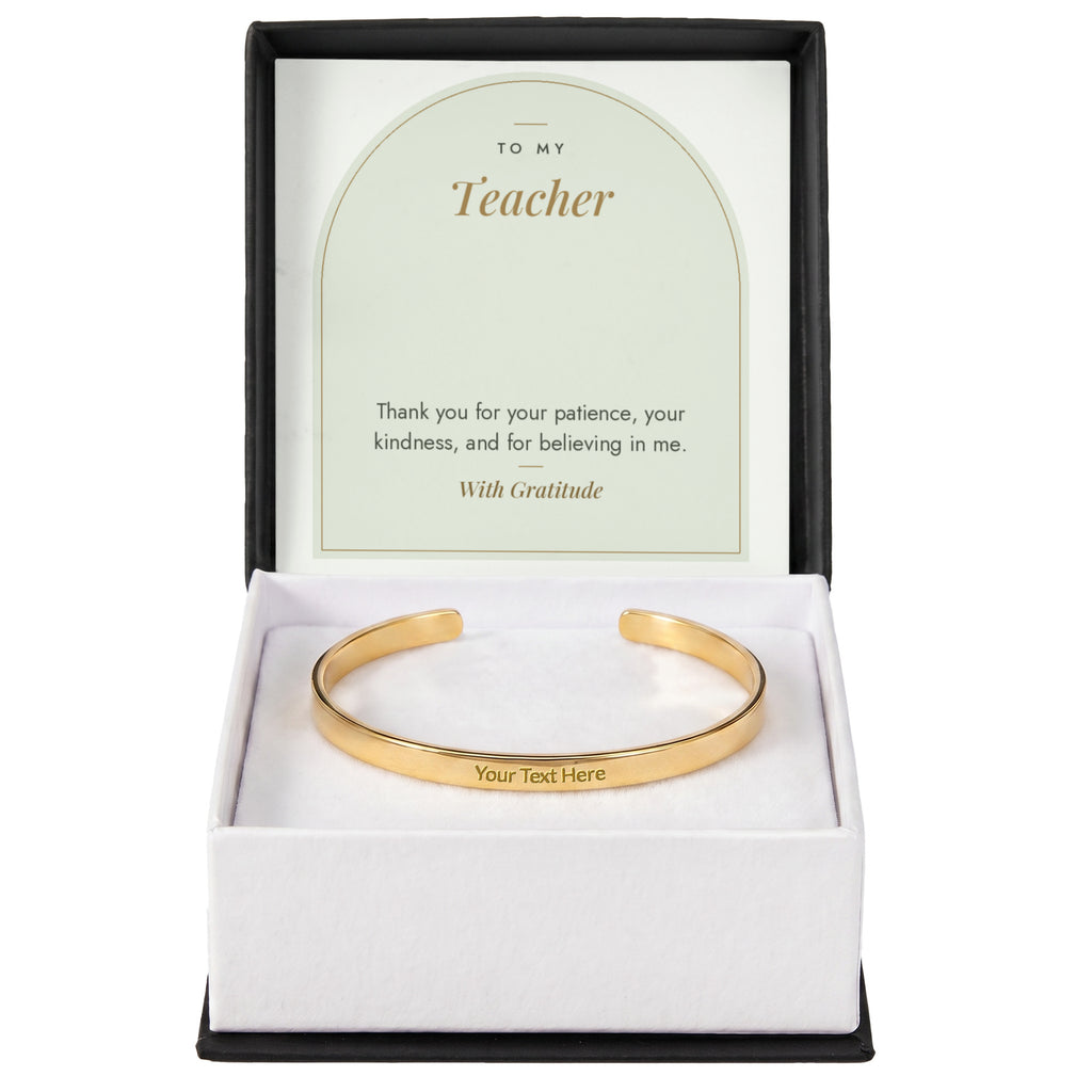 18K yellow gold finish teacher engraved cuff bracelet with To My Teacher message card in standard gift box