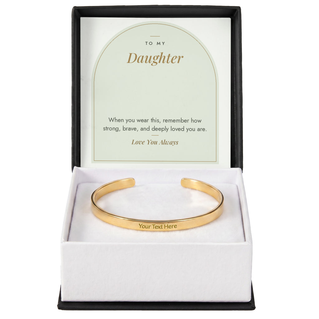 18K yellow gold finish engraved cuff bracelet for daughter with To My Daughter message card in standard gift box
