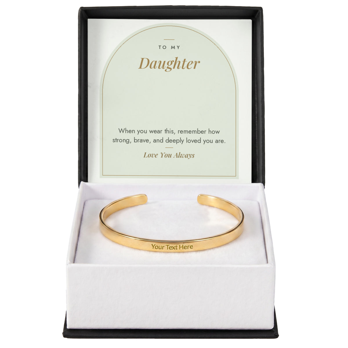 18K yellow gold finish engraved cuff bracelet for daughter with To My Daughter message card in standard gift box