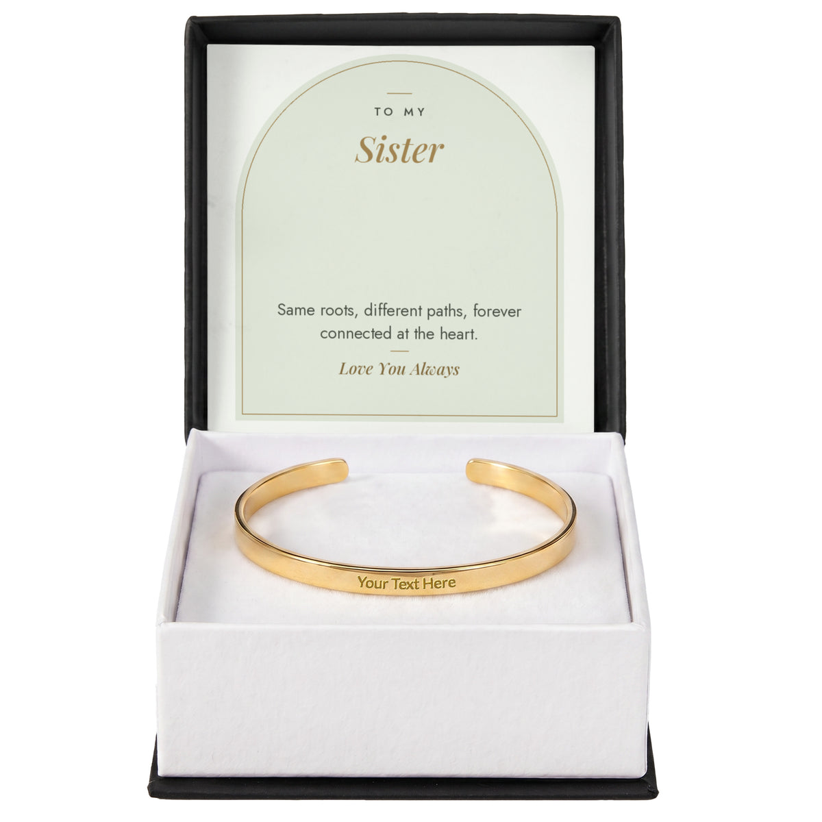 18K yellow gold finish sister engraved cuff bracelet with To My Sister message card in standard gift box