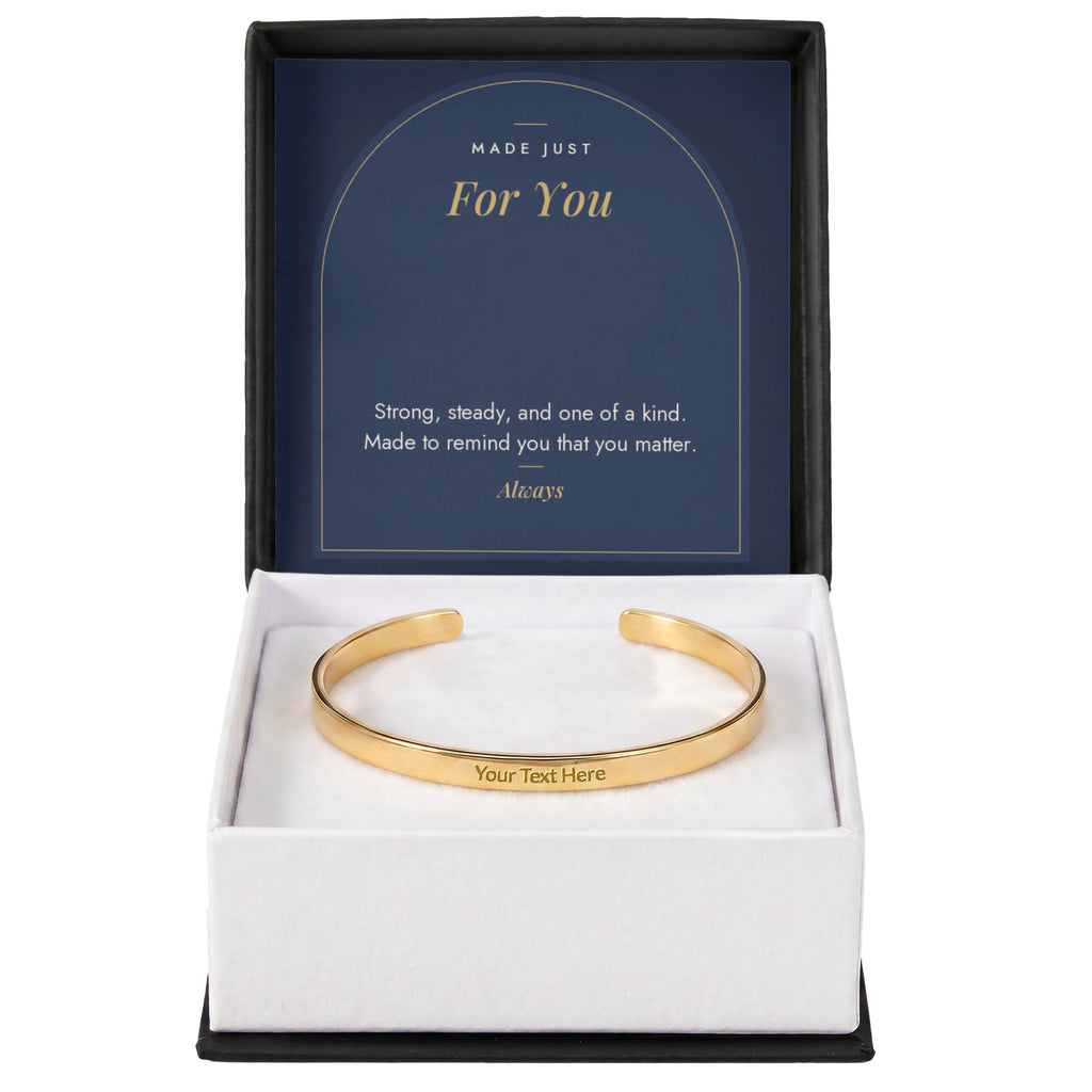 18K yellow gold finish men's custom engraved cuff bracelet with Made Just For You message card in standard gift box