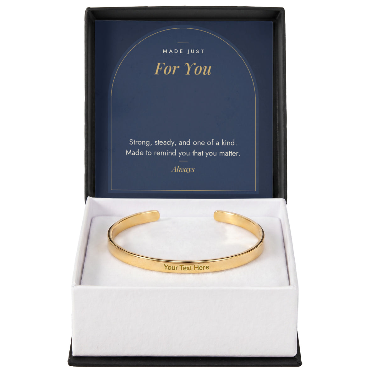 18K yellow gold finish men's custom engraved cuff bracelet with Made Just For You message card in standard gift box