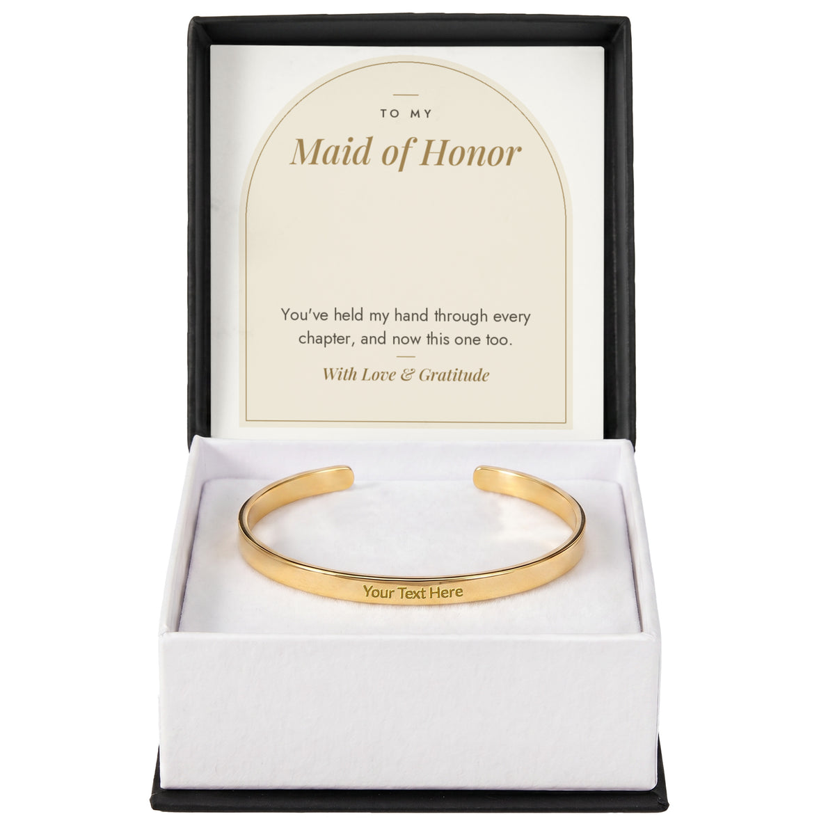 18K yellow gold finish maid of honor engraved cuff bracelet with To My Maid of Honor message card in standard gift box
