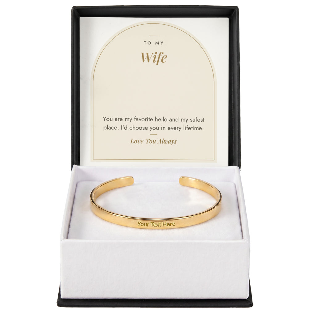 18K yellow gold finish engraved cuff bracelet for wife with To My Wife message card in standard gift box