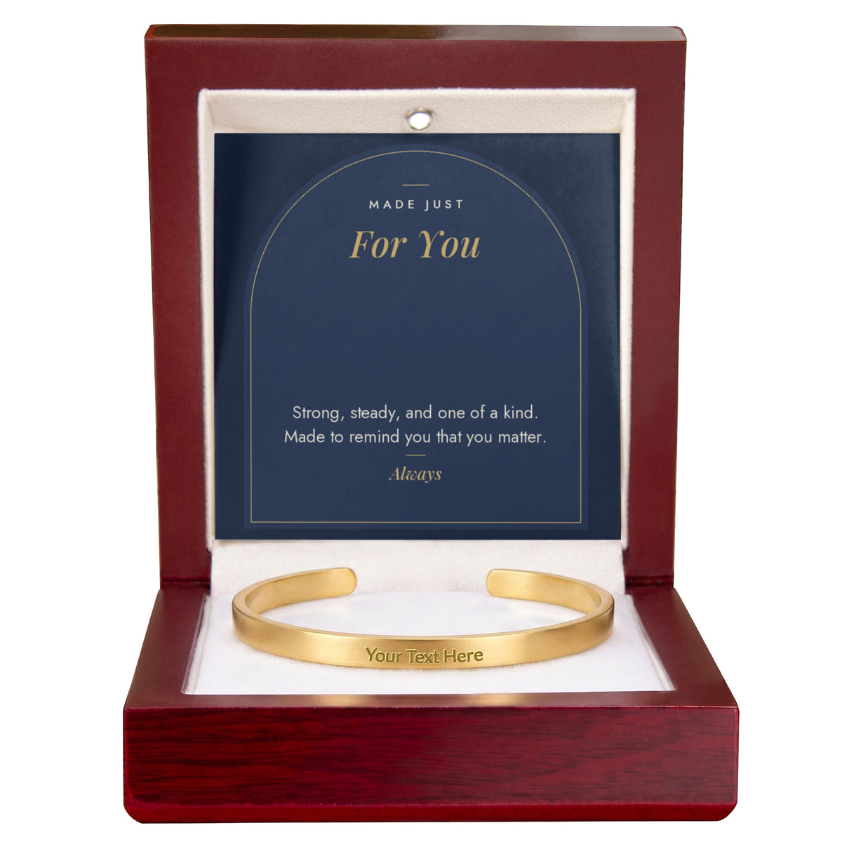 Gold men's custom engraved cuff bracelet with Made Just For You message card in mahogany LED luxury box