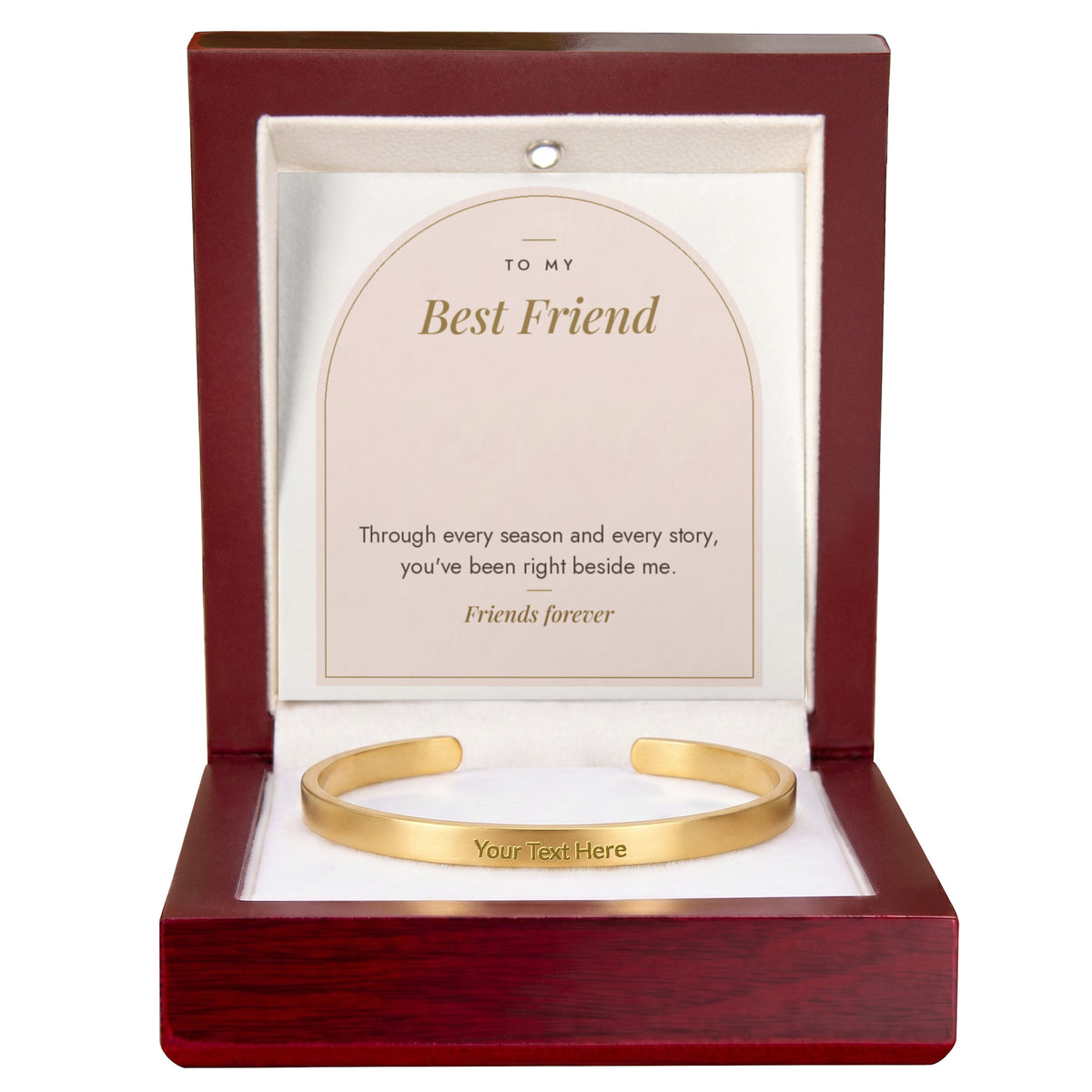 Gold engraved cuff bracelet for best friend with To My Best Friend message card in mahogany LED luxury box