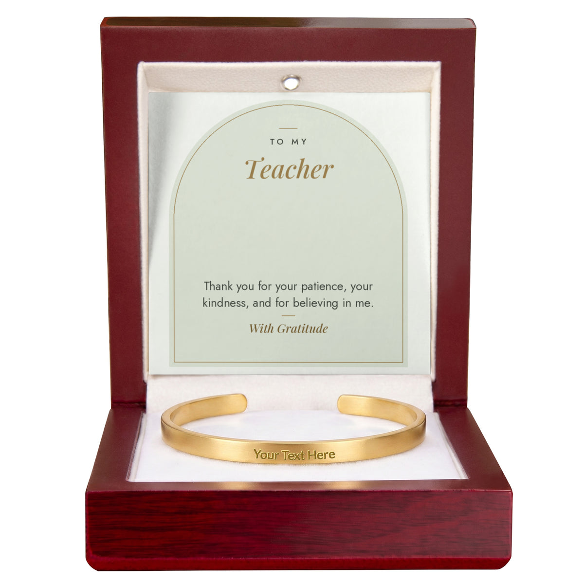 Gold teacher engraved cuff bracelet with To My Teacher message card in mahogany LED luxury box