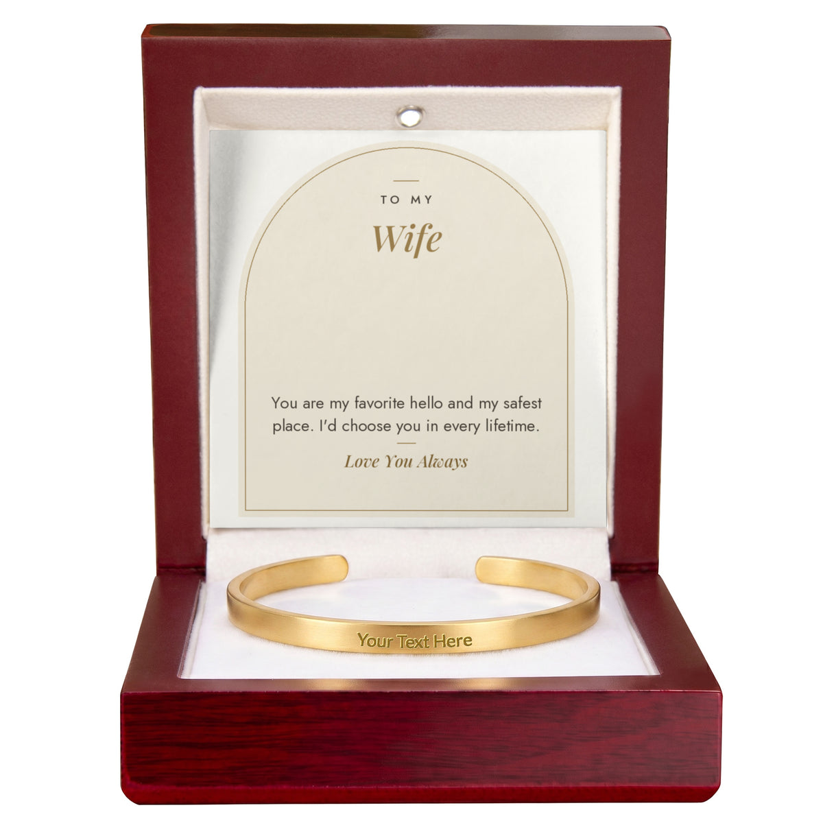 Gold engraved cuff bracelet for wife with To My Wife message card in mahogany LED luxury box