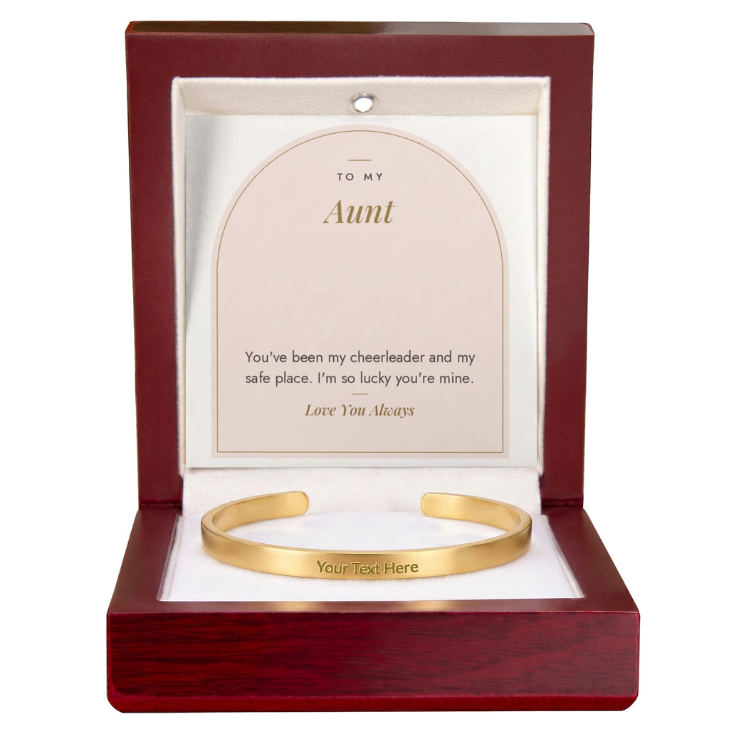 Gold aunt engraved cuff bracelet with To My Aunt message card in mahogany LED luxury box