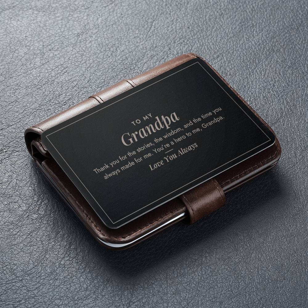 Engraved metal wallet card for grandpa gift detail