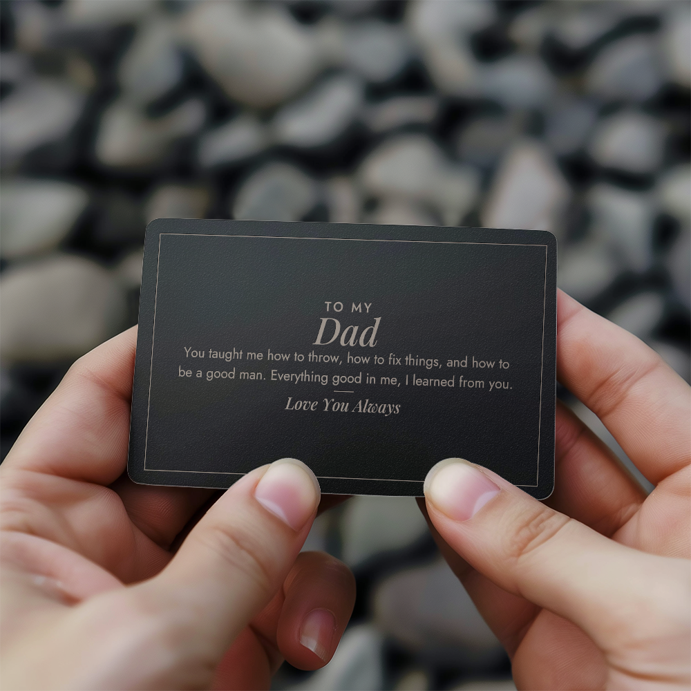 Engraved metal wallet card for boy dad in a wallet