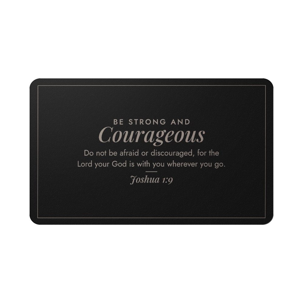 Engraved metal wallet card for him, Joshua 1:9 held in hand