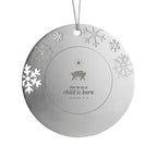Nativity engraved metal Christmas ornament with snowflake border