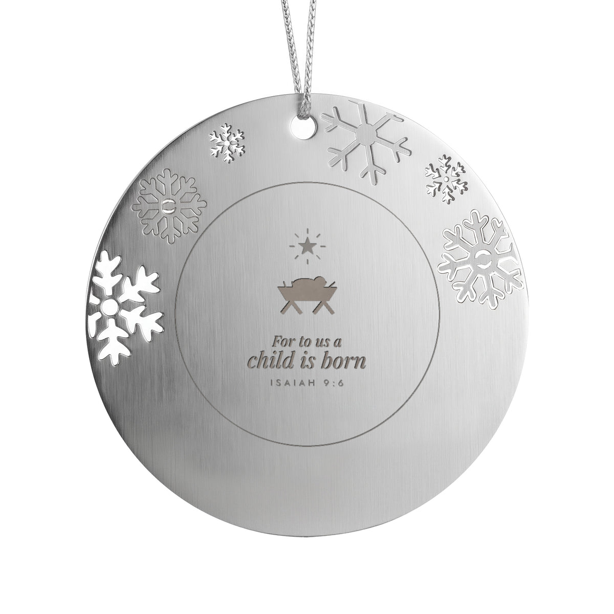 Nativity engraved metal Christmas ornament with snowflake border