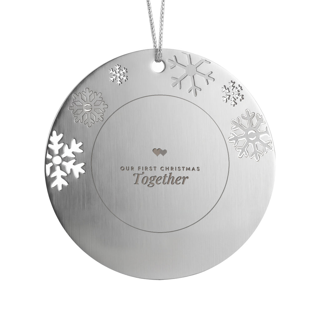 Our First Christmas Together engraved metal ornament with snowflake border
