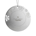 Our First Christmas Together engraved metal ornament with snowflake border