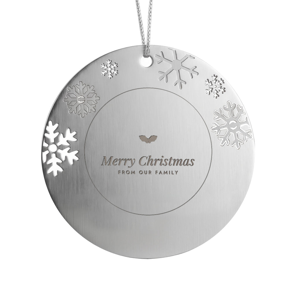 Merry Christmas from Our Family engraved metal ornament with snowflake border