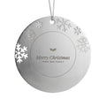 Merry Christmas from Our Family engraved metal ornament with snowflake border