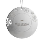 Merry Christmas from Our Family engraved metal ornament with snowflake border