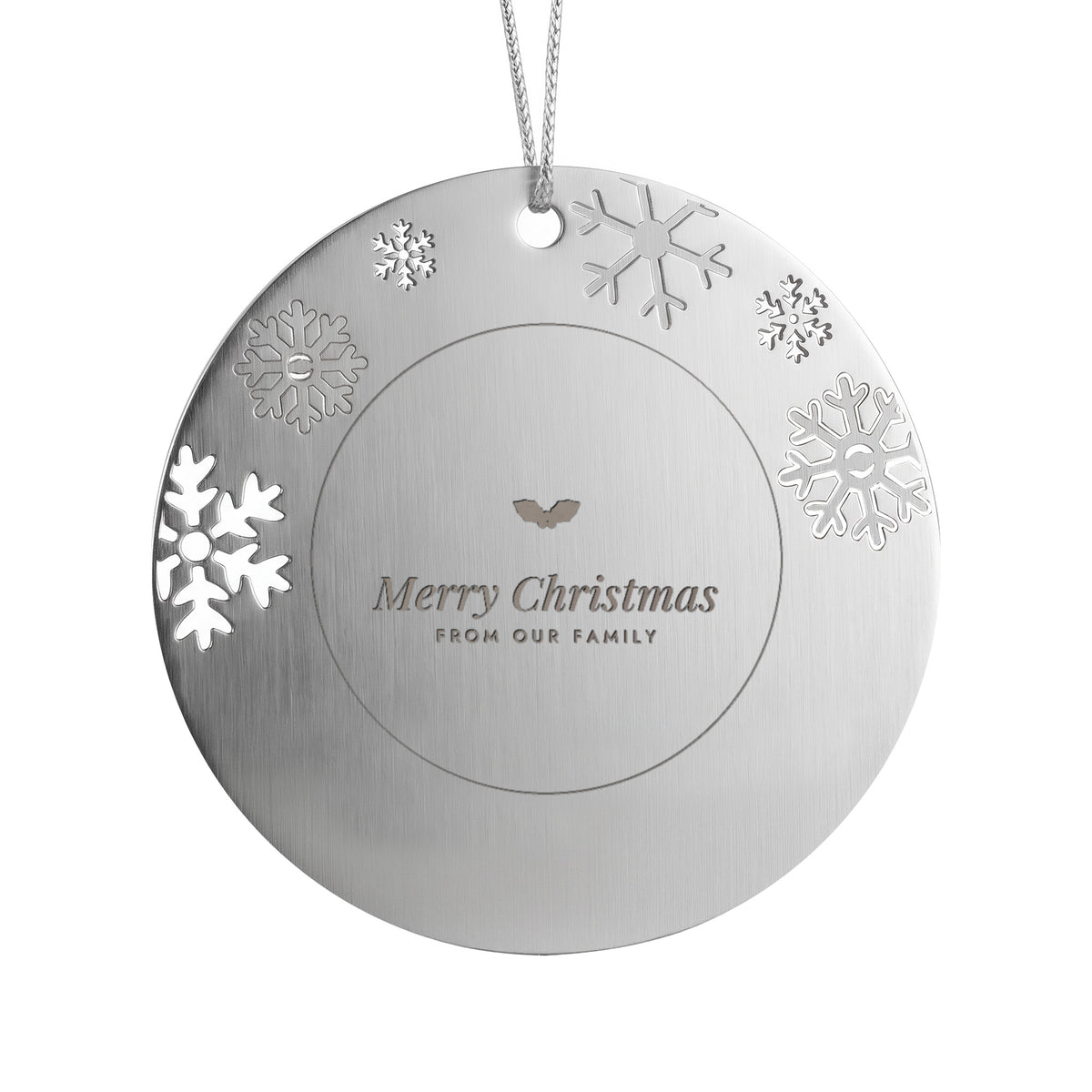 Merry Christmas from Our Family engraved metal ornament with snowflake border
