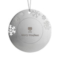 Merry Woofmas dog engraved metal Christmas ornament with snowflake border