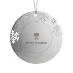 Merry Woofmas dog engraved metal Christmas ornament with snowflake border