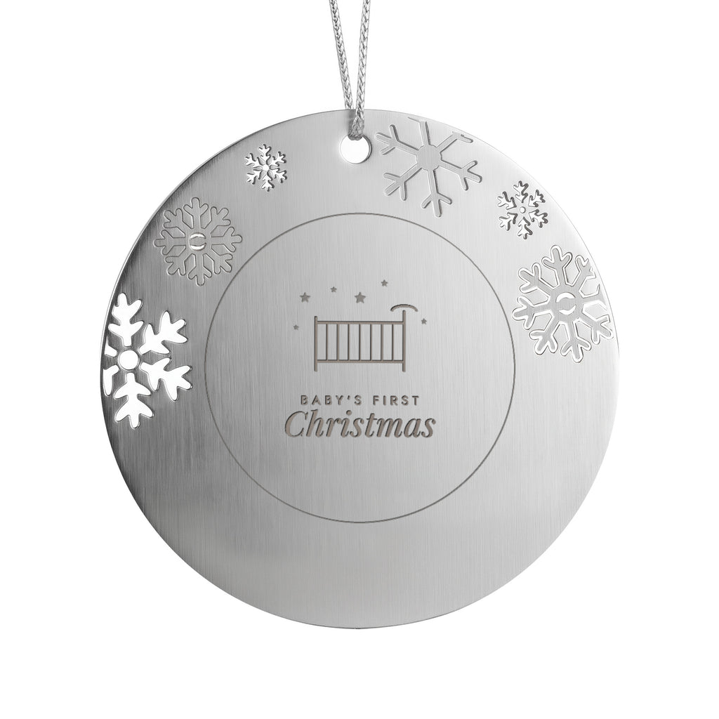 Baby's First Christmas engraved metal ornament for girl with snowflake border
