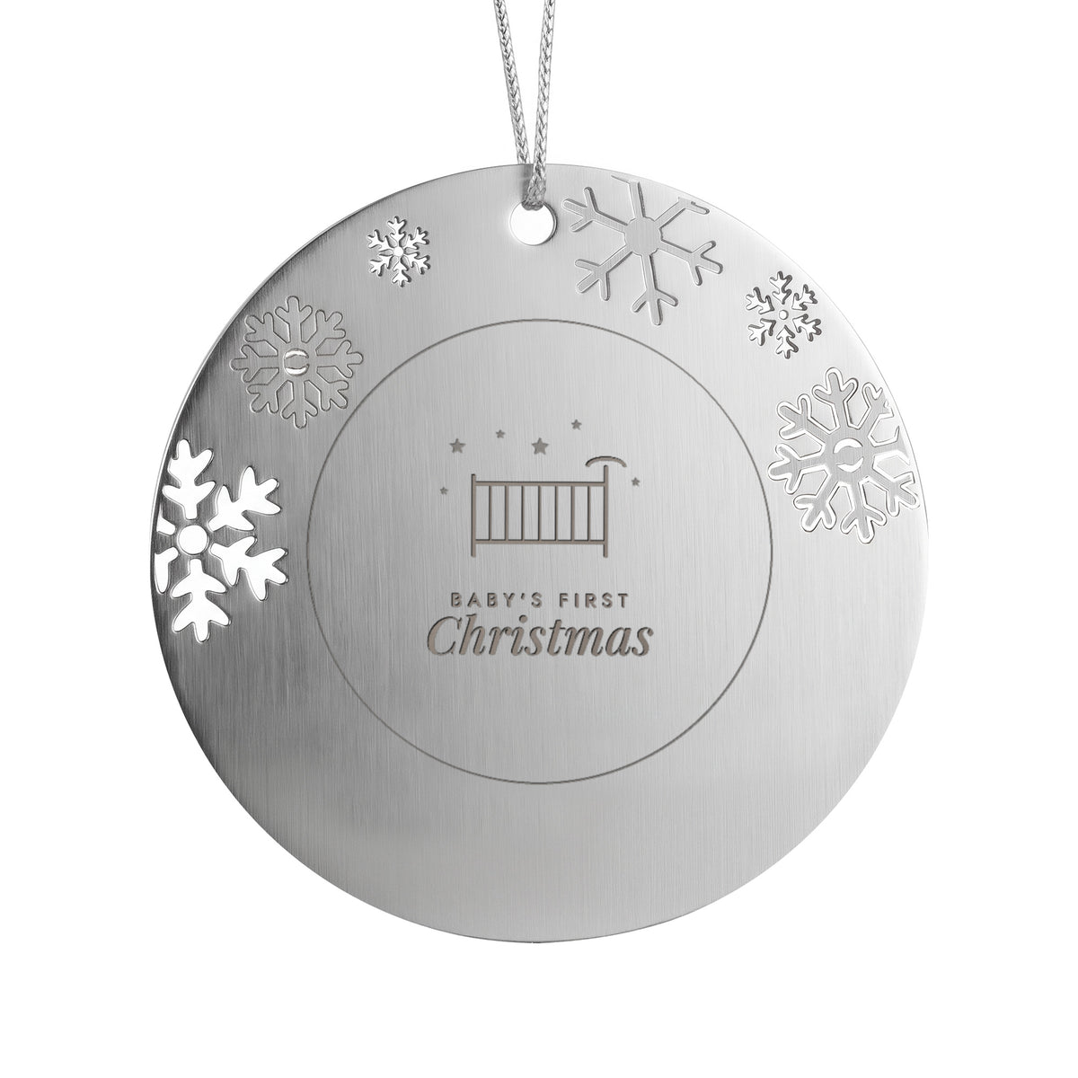 Baby's First Christmas engraved metal ornament for girl with snowflake border