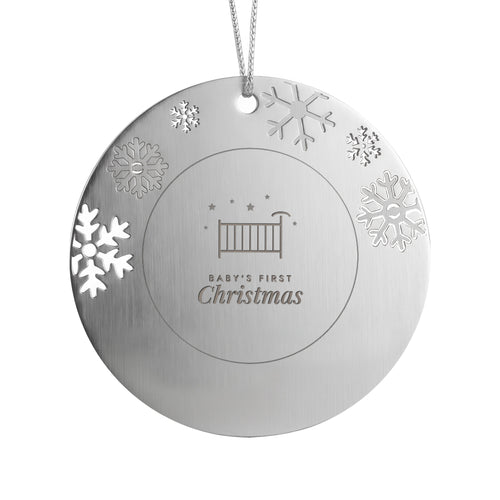 Baby's First Christmas engraved metal ornament for girl with snowflake border
