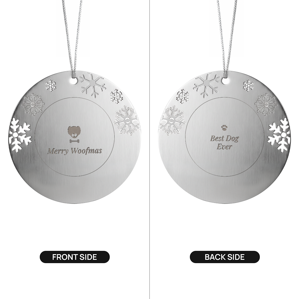 Merry Woofmas dog ornament, front and back sides